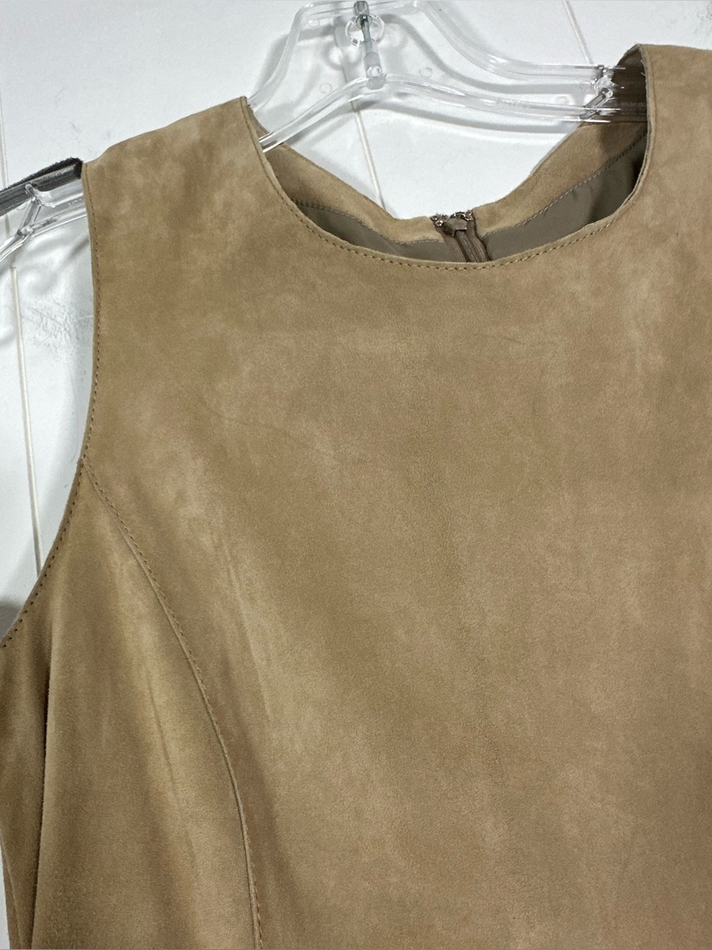 Etcetera Women’s Size 0 Tan Beige Layered Suede Mini Dress Sleeveless Back Zip - Picture 3 of 10